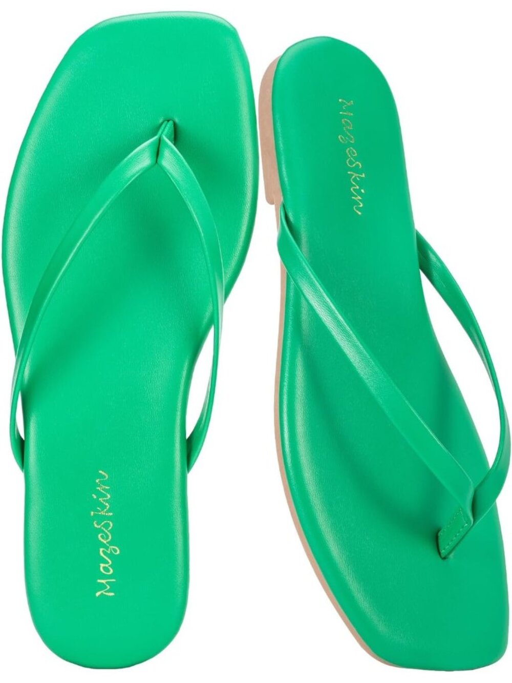 Women's Green Cushioned Square Toe Flat Memory Foam Thong Flip Flops Sandal